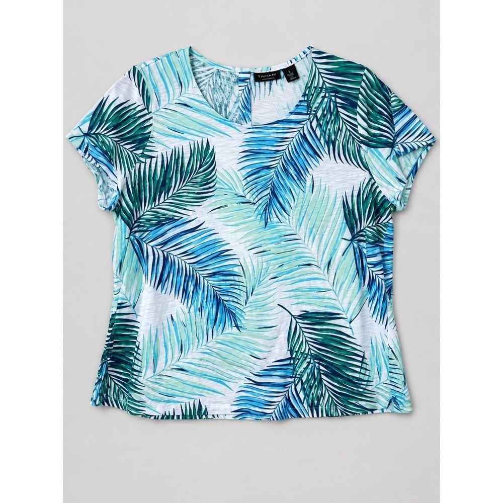 Tahari 100% Cotton Blouse 1X Coastal Euro Summer Tropical Botanical